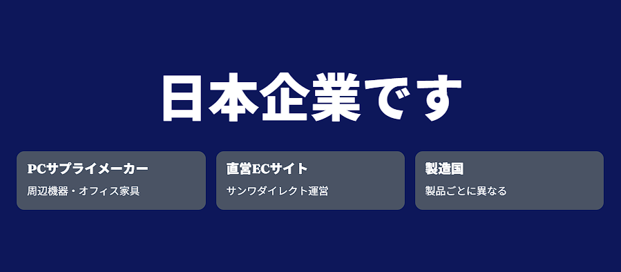 日本企業の概要 PCサプライメーカー 周辺機器 オフィス家具 直営サンワダイレクトで販売 製造国は製品により異なる