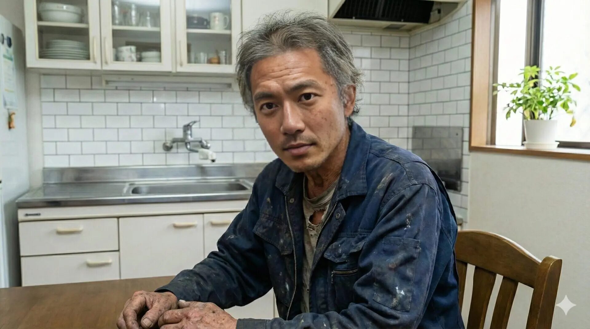 汚れた作業着と手の男性が台所のテーブルに座りこちらを見つめる