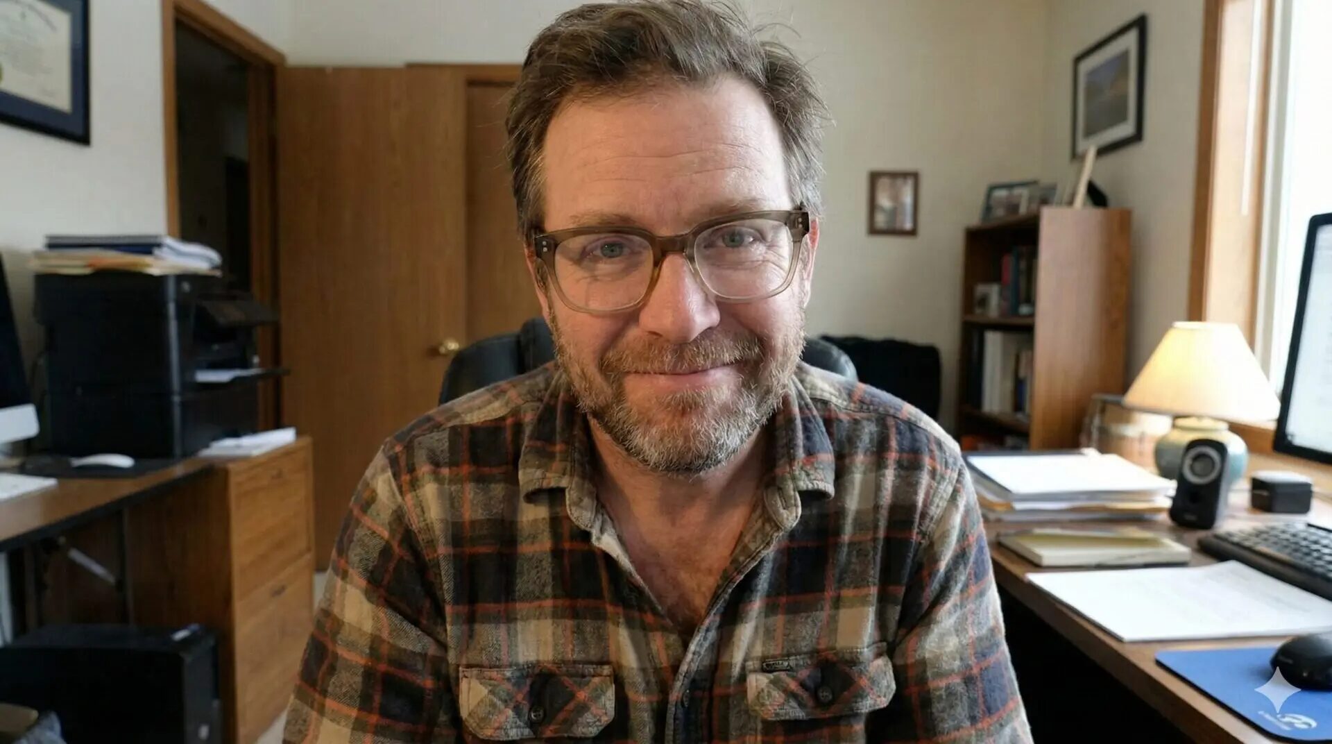 チェック柄シャツを着たひげとメガネの男性が自宅オフィスで笑顔