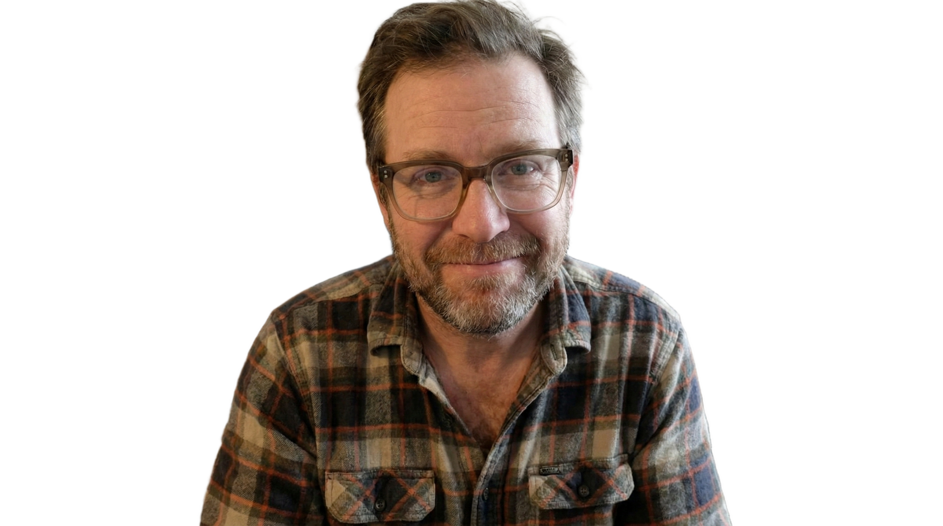 笑顔の男性 眼鏡とひげ チェックシャツ