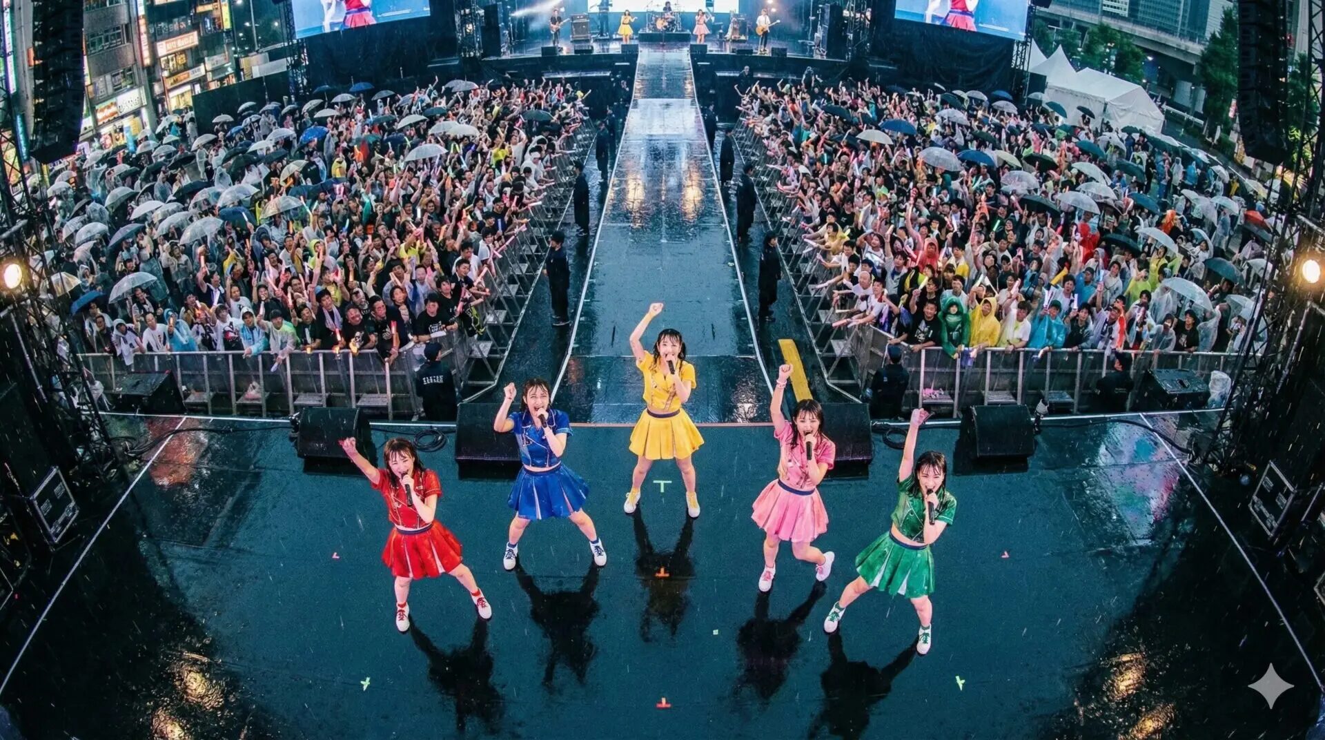 雨の野外ステージで歌う5人の女性グループと傘をさして応援する多くの観客