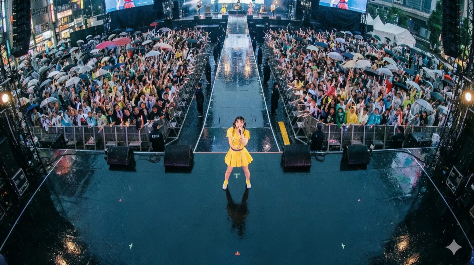 雨の中歌う黄色い服の女性歌手と傘やカッパ姿で盛り上がる観客の屋外ライブ
