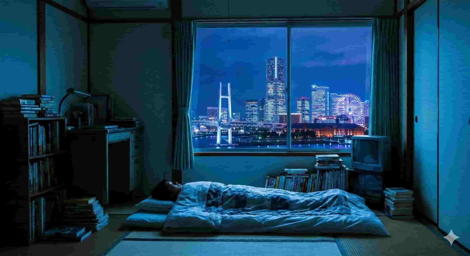 窓の向こうに高層ビルと観覧車の夜景が広がる部屋で布団に横たわる人