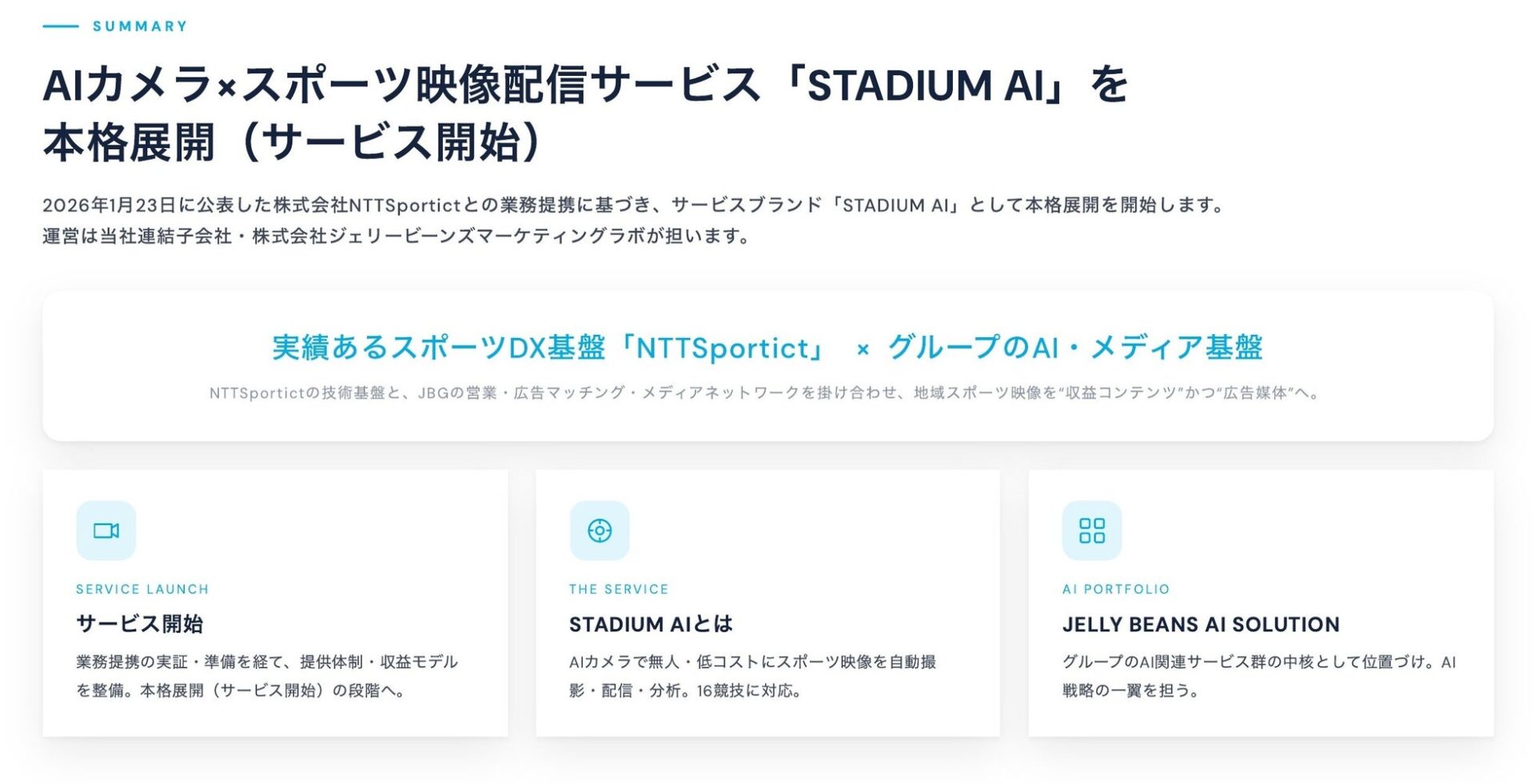 ジェリービーンズグループ、AIカメラ活用スポーツ映像配信「STADIUM AI」を開始｜スポーツ映像配信のDXを推進する新サービス