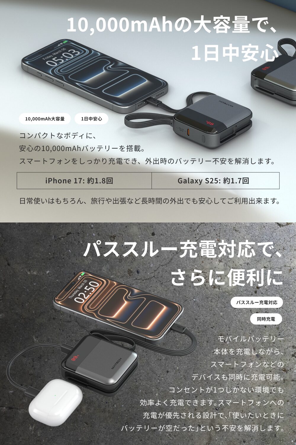 MATECH、35W出力・ケーブル一体型の小型モバイルバッテリーを発売 - 画像5