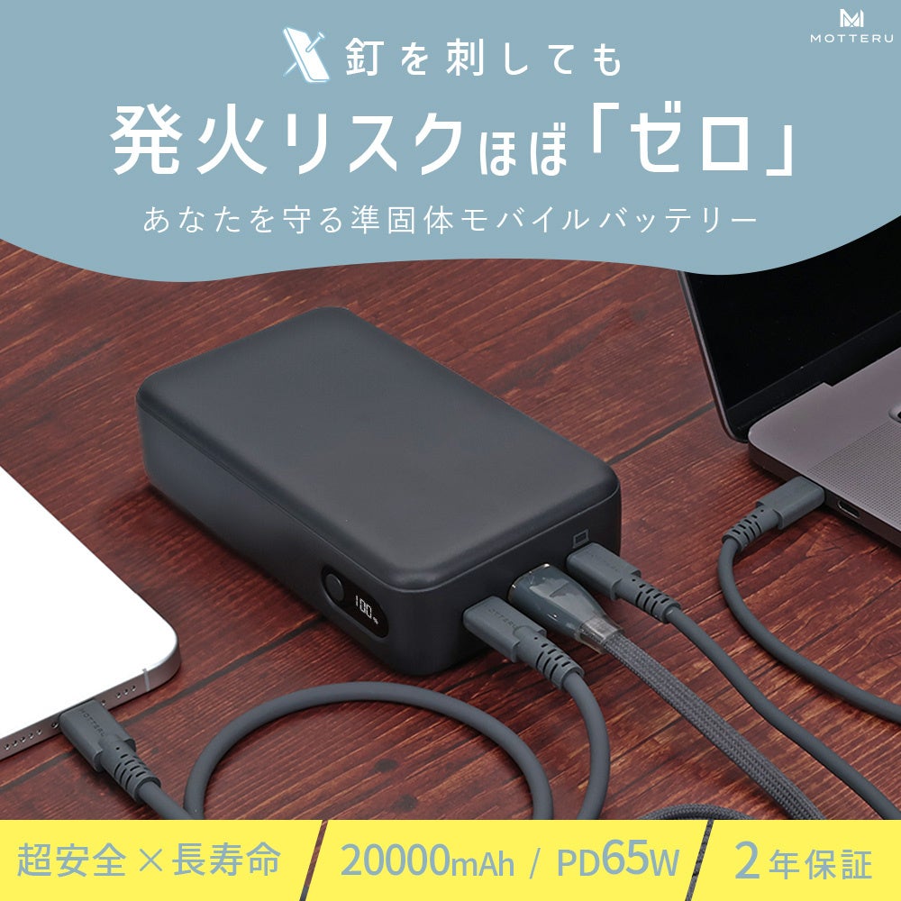 MOTTERU、準固体電池採用の20,000mAhモバイルバッテリーを発売 - 画像1