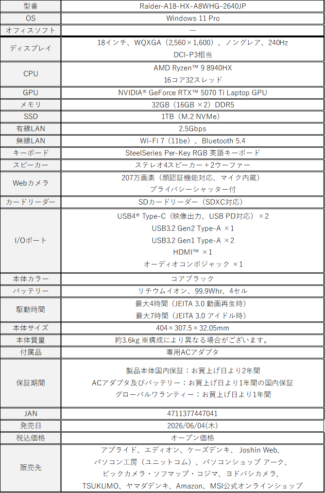 MSI、GeForce RTX 50シリーズ搭載のゲーミングノートPC 19機種を発表 - 画像15