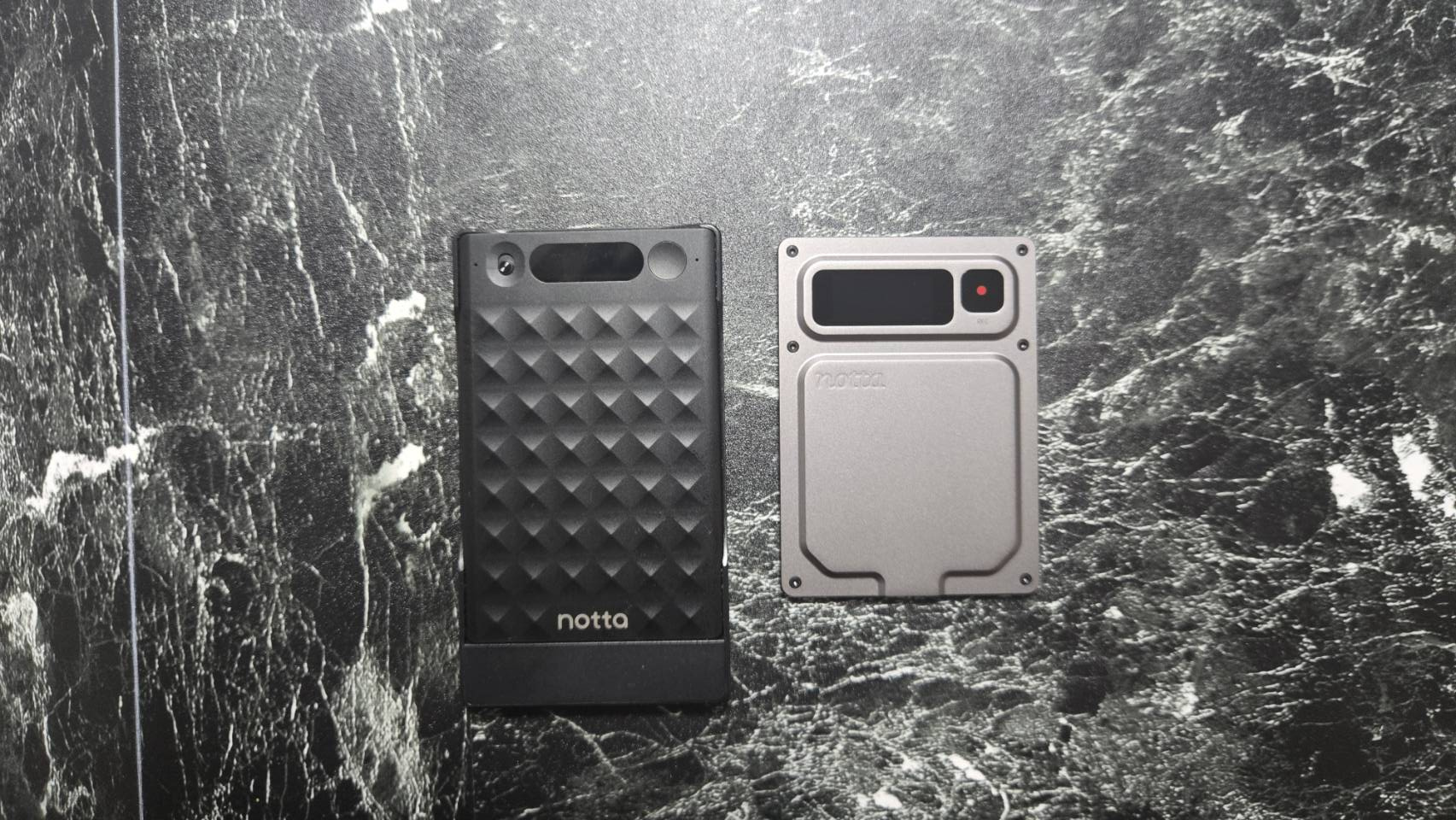 左に黒い無印Notta Memo、右に銀色のMemo Proを並べた外観
