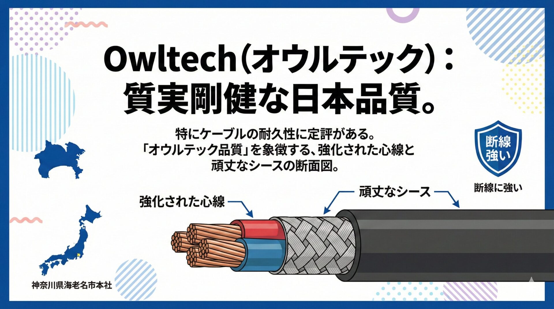 オウルテック 質実剛健な日本品質のケーブル断面図 強化された心線と頑丈なシースで断線に強い
