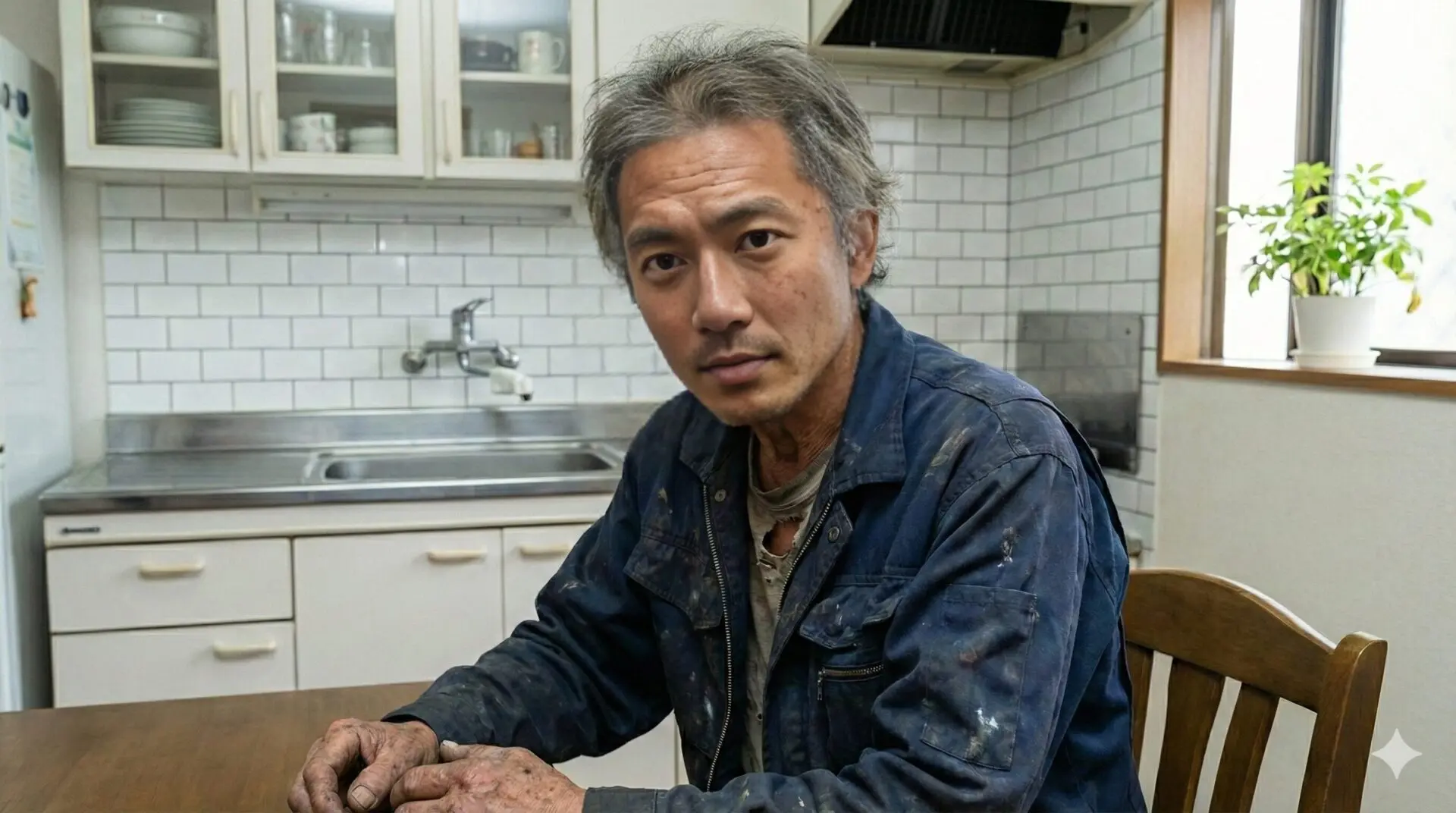 汚れた作業着と汚れた手の白髪混じり男性がキッチンテーブルに座りこちらを見ている