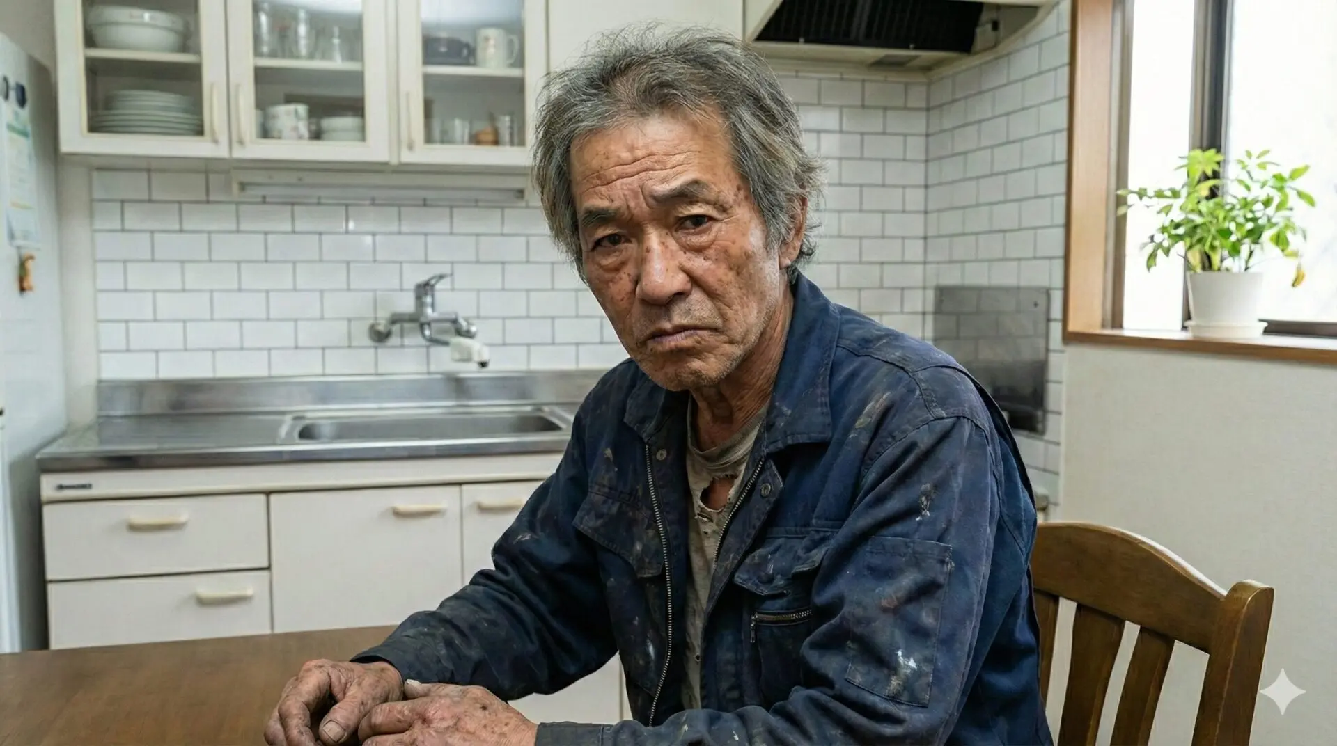 疲れた表情の年配男性が汚れた作業着を着て台所のテーブルに座っている