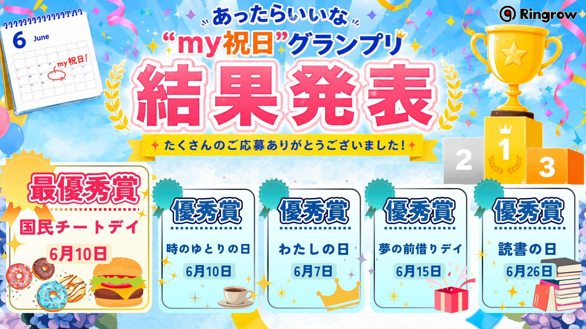 リングロー、『あったらいいな“my祝日”グランプリ』の結果を発表｜最優秀賞は「国民チートデイ」に決定