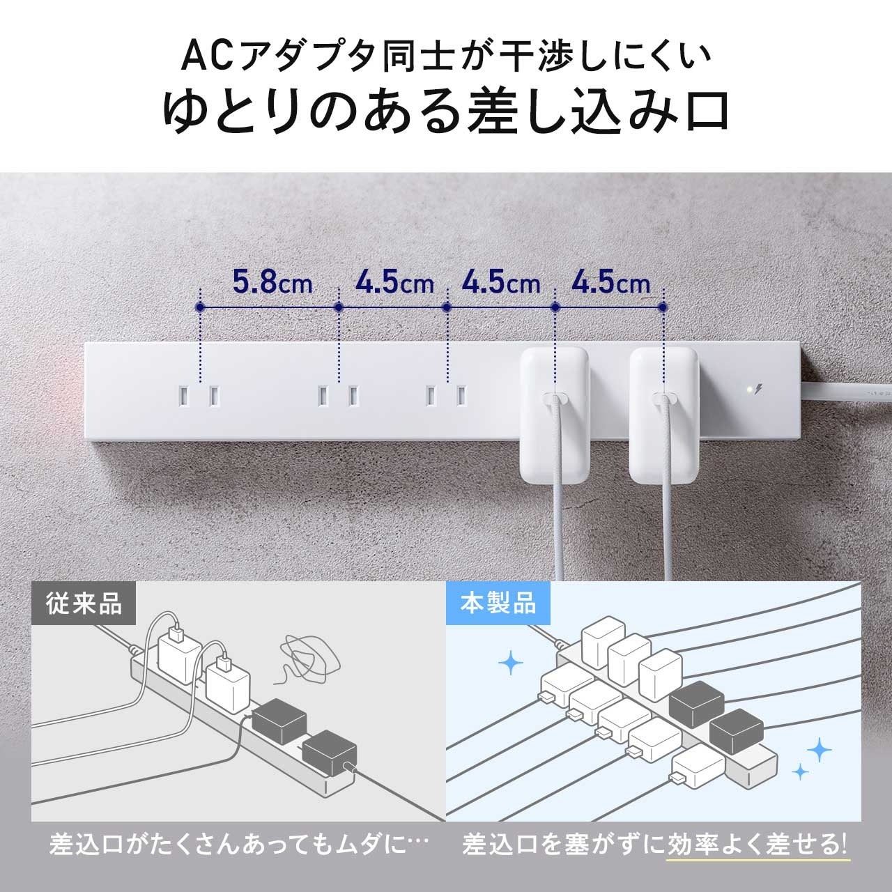 サンワダイレクト、ACアダプタが干渉しにくい10個口電源タップを発売 - 画像5