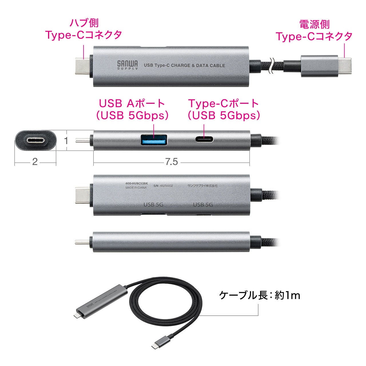 サンワダイレクト、USBハブ付き充電ケーブルにUSB AポートとType-Cポート増設タイプを新登場 - 画像11