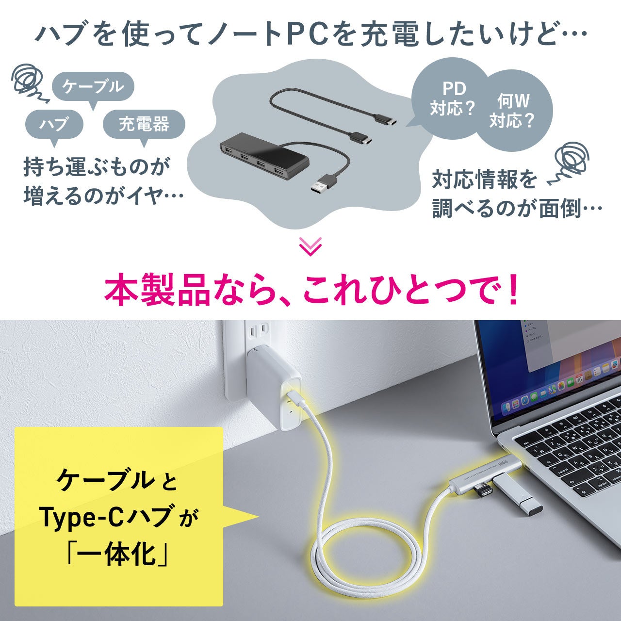 サンワダイレクト、USBハブ付き充電ケーブルにUSB AポートとType-Cポート増設タイプを新登場 - 画像3