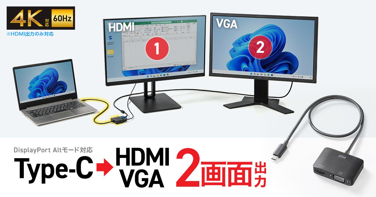 サンワサプライ、HDMIとVGAへ同時出力できるType-C変換アダプタを発売 - 画像2