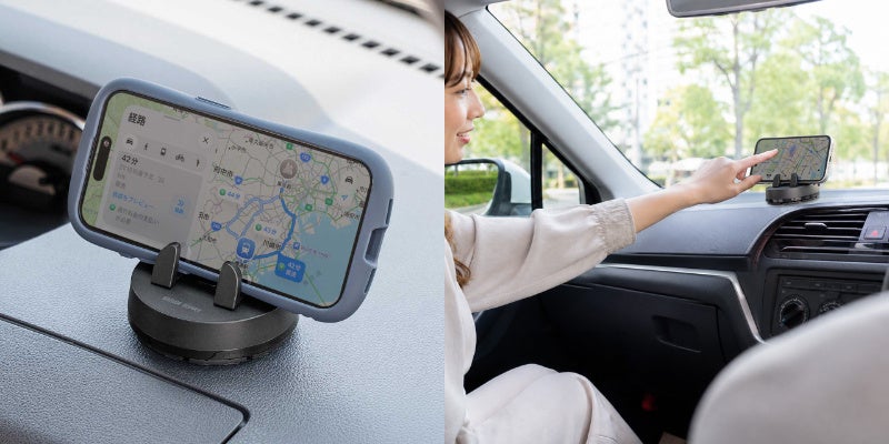 サンワダイレクト、片手で固定できる車載スマホホルダーを発売｜片手で素早くセットできるバネ式構造