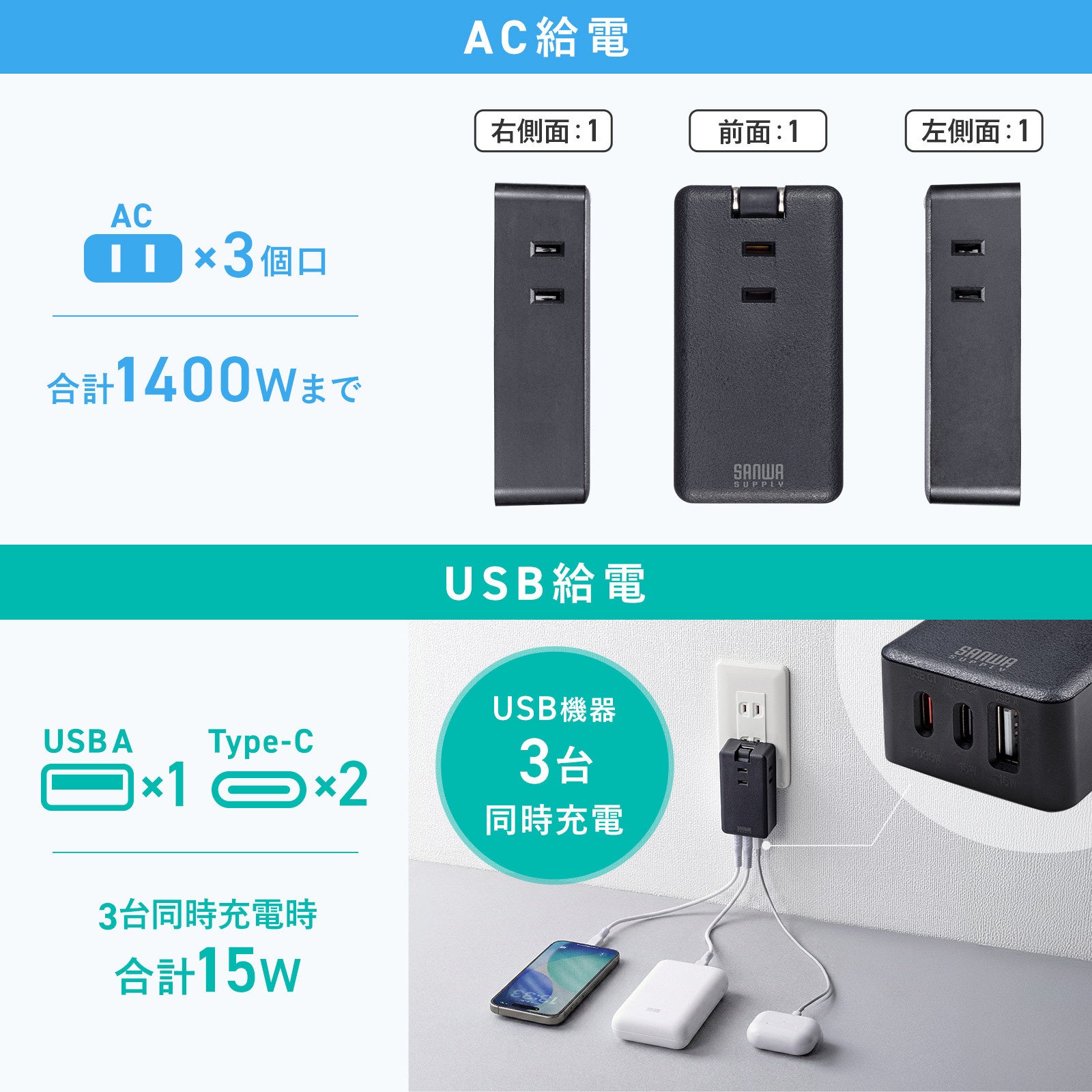サンワサプライ、AC3口＋USB5ポートのコンパクトモバイルタップ発売 - 画像6