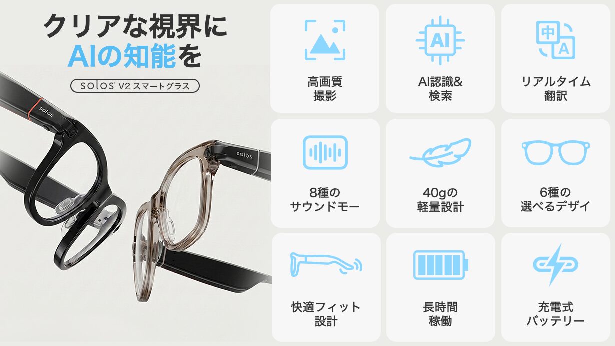 Solos、1,600万画素カメラ搭載のAIスマートグラス「Solos V2」を日本で発売｜Makuakeでの先行予約販売について