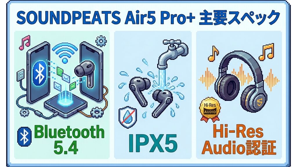 SOUNDPEATS Air5 Pro+ 主要スペック一覧 QCC3091 Bluetooth5.4 IPX5 Hi-Res Audio認証