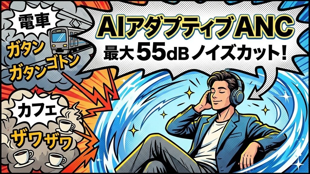 SOUNDPEATS Air5 Pro+ 最大55dB AIアダプティブANCのノイズキャンセリング性能