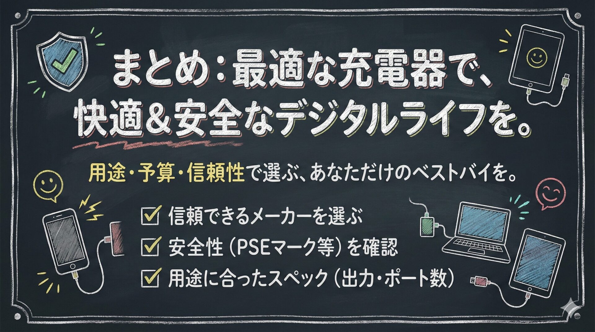 まとめ 最適な充電器で快適安全なデジタルライフを実現するポイント 信頼できるメーカー 安全な製品 用途に合わせた充電性能を選ぶ