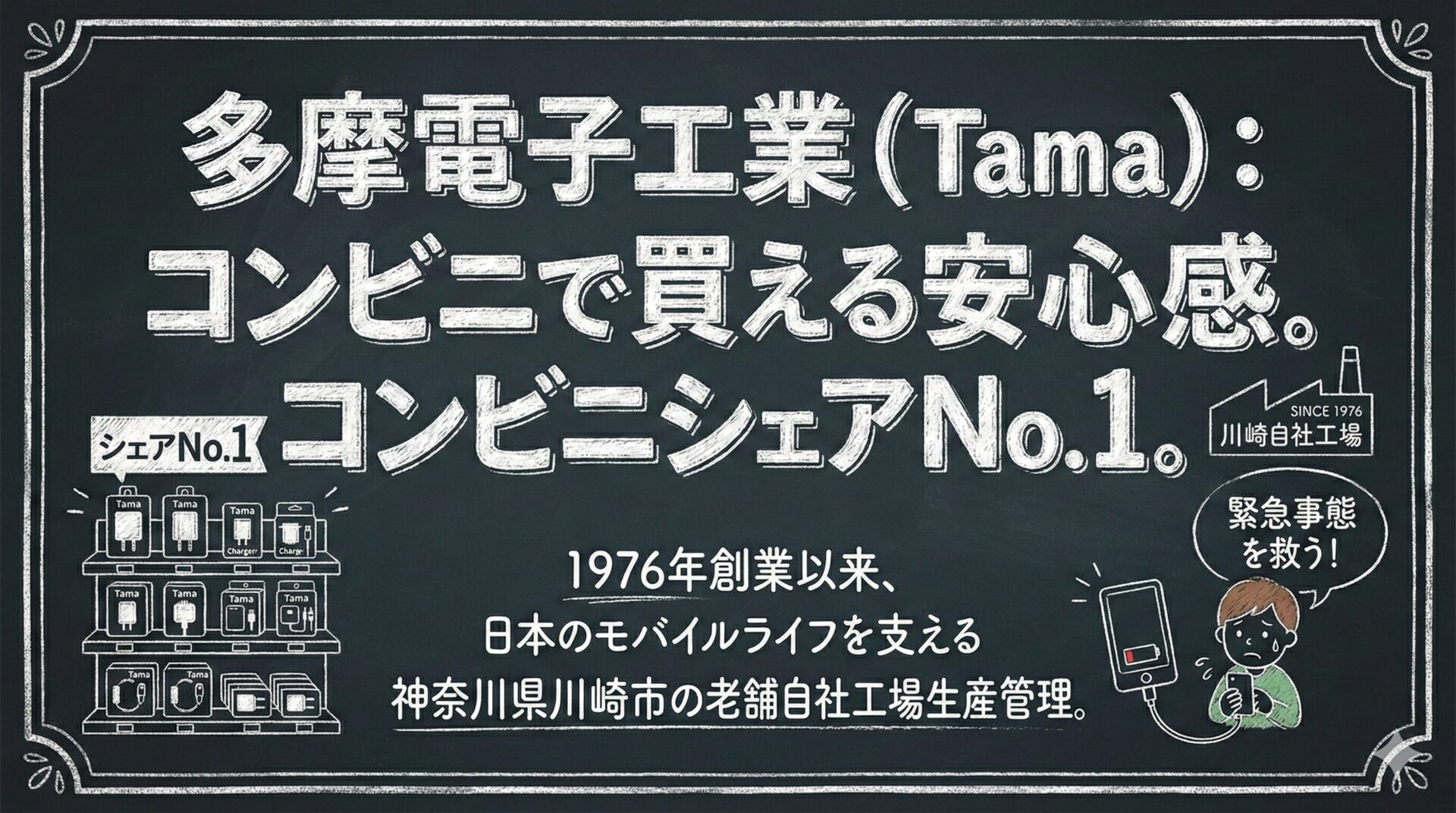 多摩電子工業 Tamaのコンビニ向け充電器とケーブルの広告 全国シェア1位でスマホの充電切れに対応
