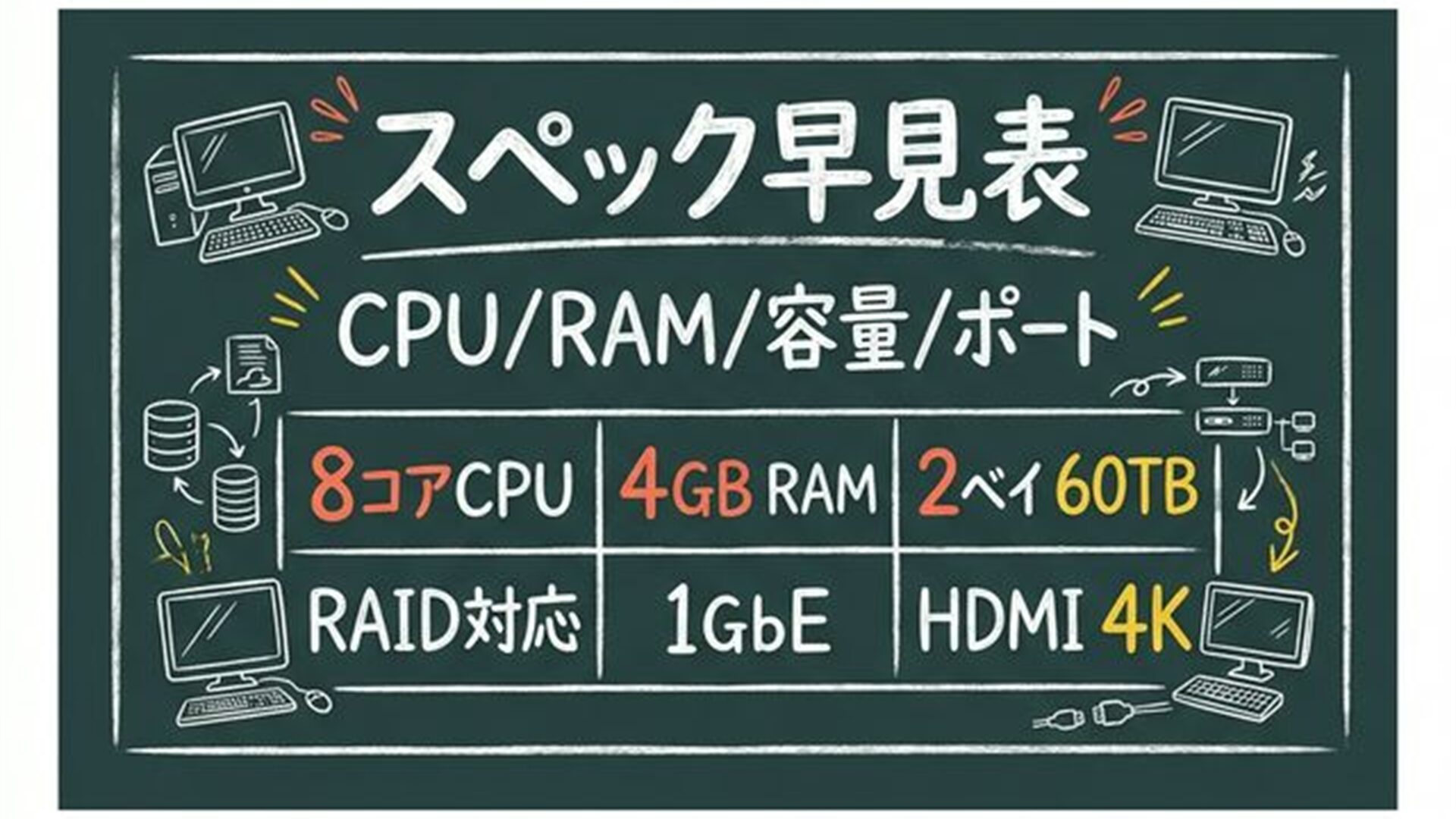 スペック早見表 8コアCPU 4GBメモリ 2ベイ60TB RAID対応 1ギガビットイーサネット HDMI 4K