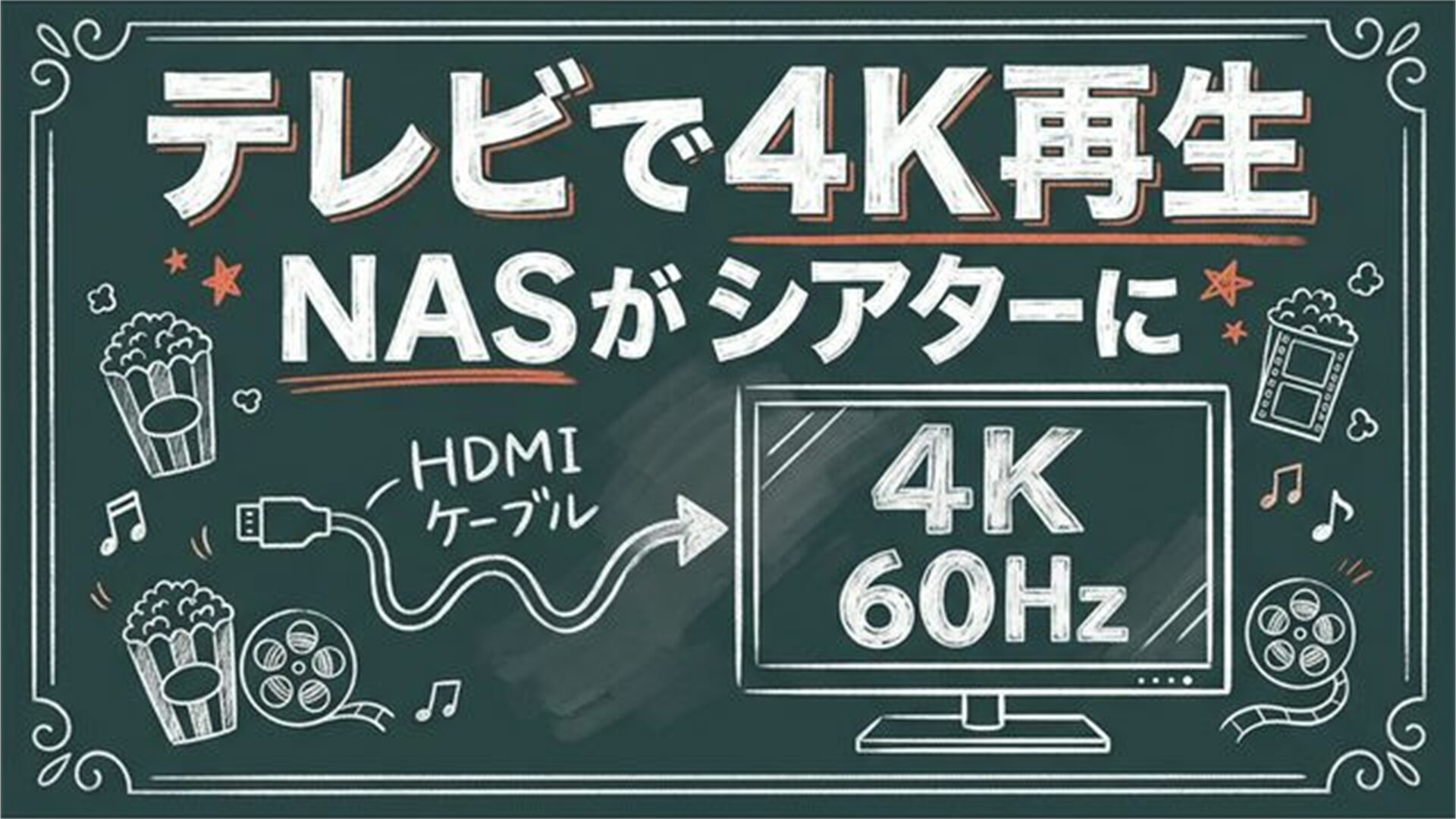 NASでテレビに4K映像を映し自宅をホームシアターにするイラスト